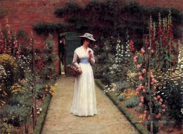  fleurs tableaux - Dame dans un jardin historique Regency Edmund Leighton Fleurs impressionnistes